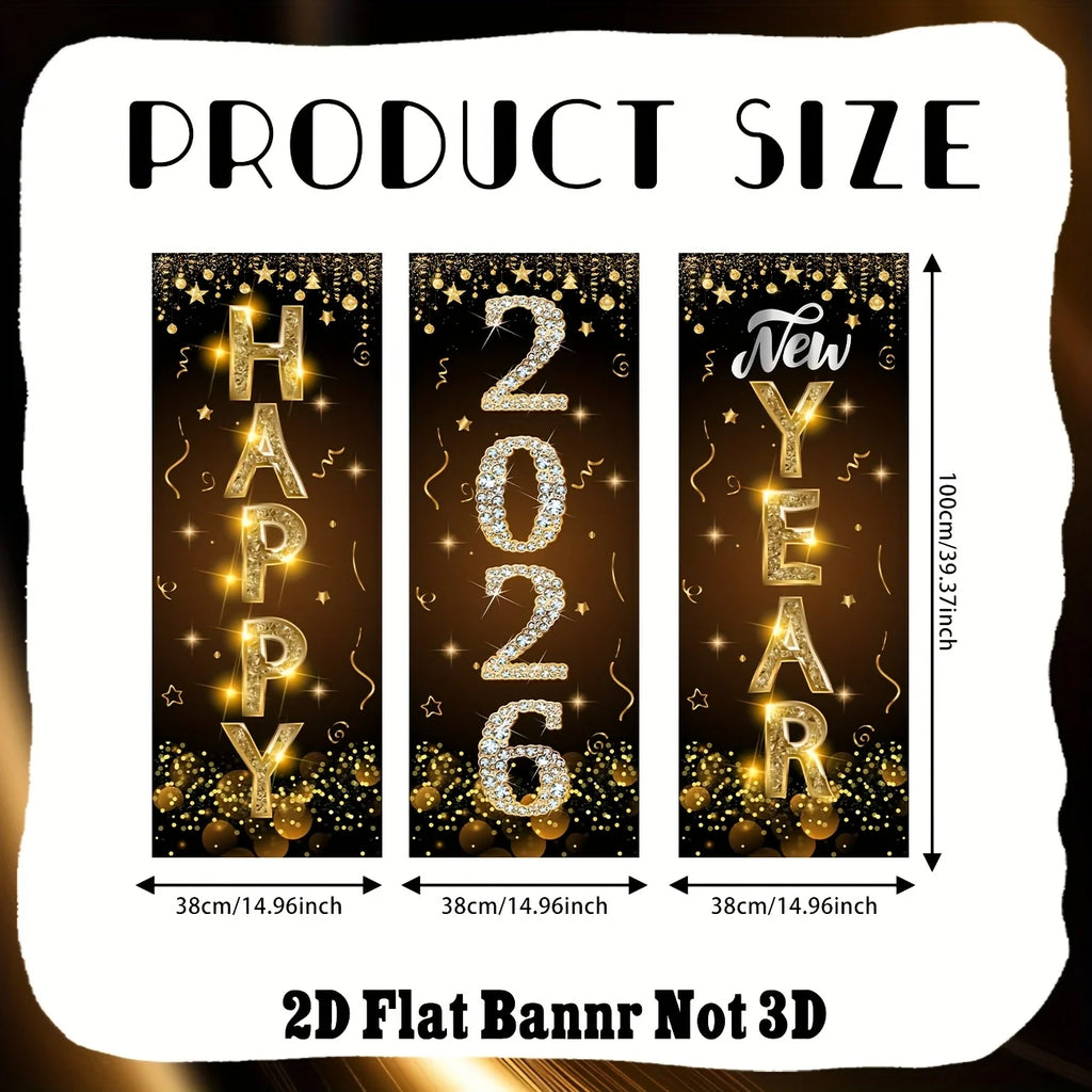 2026 New Year Decorations Happy New Year Banner Black Gold New Year Door Cover Hanging Decorations for 2025 New Years Eve Party