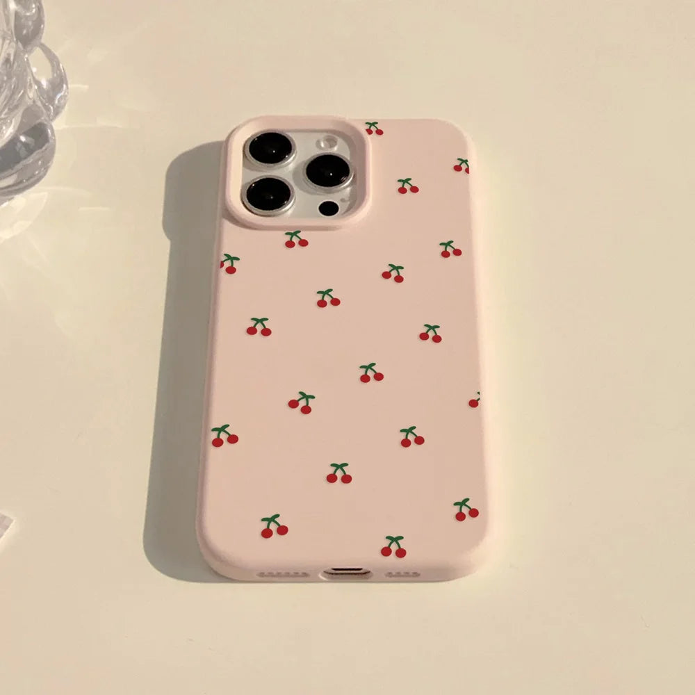 Cute Cartoon Cherry Pattern Phone Case For iPhone 17 16 15 14 13 12 11 Pro Max Plus Silicone Shockproof Cases Cover