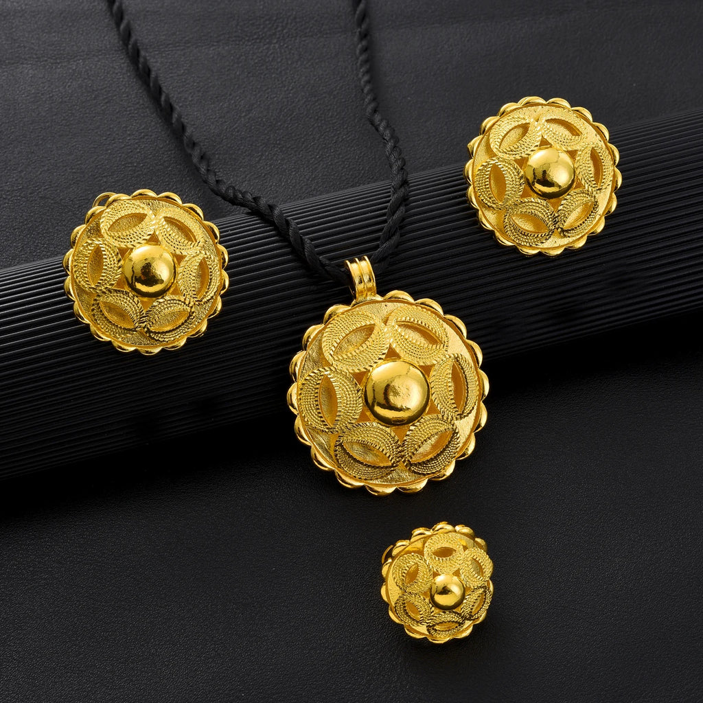 Eritrean Ethnic Style Jewelry Set Gold Color Necklace Pendant Ring Earring  Ethiopian Bride Traditional Wedding Jewelry Gift