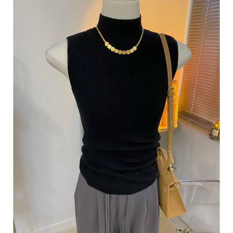 Sweater Vests Women Simple Half High Collar Fashion Autumn Basic Slim Sleeveless Sweaters All-match Ulzzang Leisure Knitting Ins