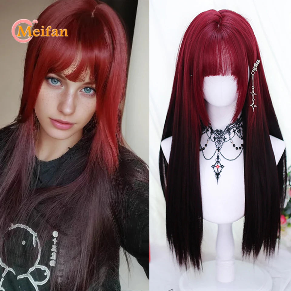 MEIFAN Synthetic Long Straight Lolita Wig with Bang Red Ombre Black Cosplay Party Halloween Christmas Wavy Curly Harajuku Wig