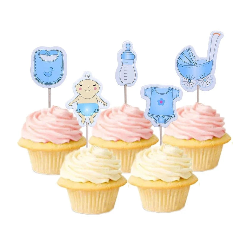 24pcs/lot Baby Shower Decorate Birthday Party Kids Favors Baby Clothes Carriage Bottle Boy Girl Cupcake Cake Toppers With Sticks