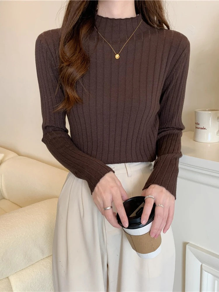 Woman Sweaters 2025 Autumn Winter Knitted Ribbed Turtleneck Sweater Women Clothes Long Sleeve Slim Basic Pullover Solid Tops