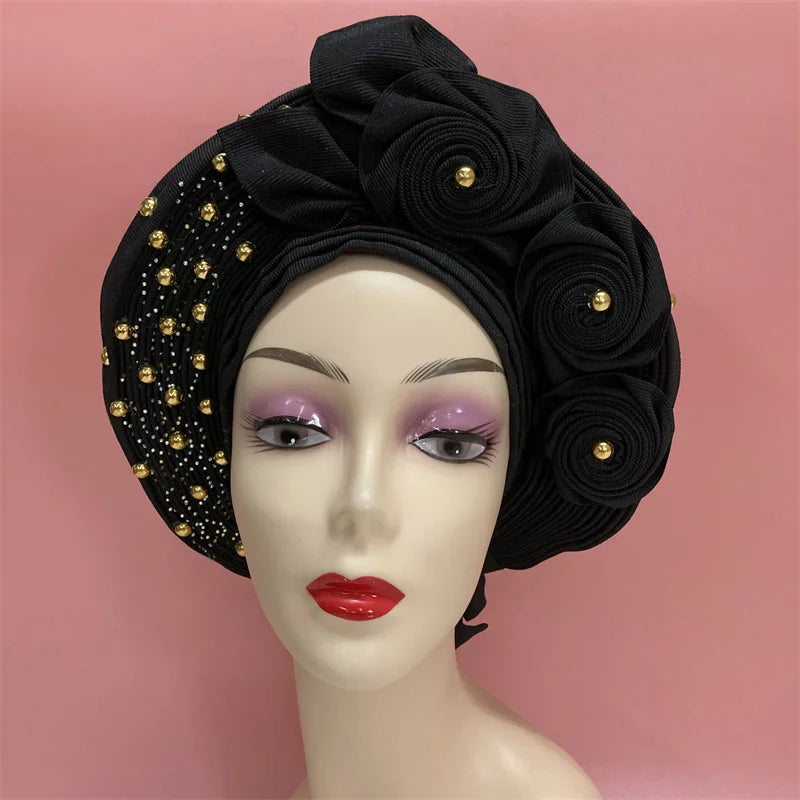 Nigerian gel headgear, with stone bead, already made auto, turban, afro aso ebi gel aso oke, wide brim headgear 7L111802