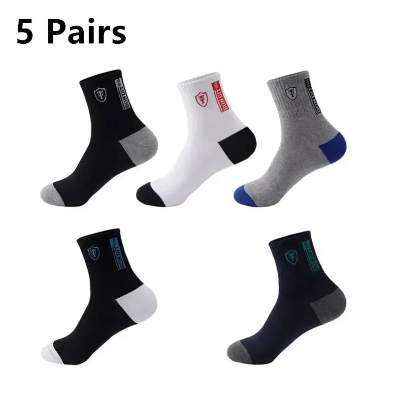 5 Pairs Men's Mid-Calf Socks Cotton Breathable Warm Sports Socks Autumn Winter Sweat-Absorbing Long Casual Trendy Style