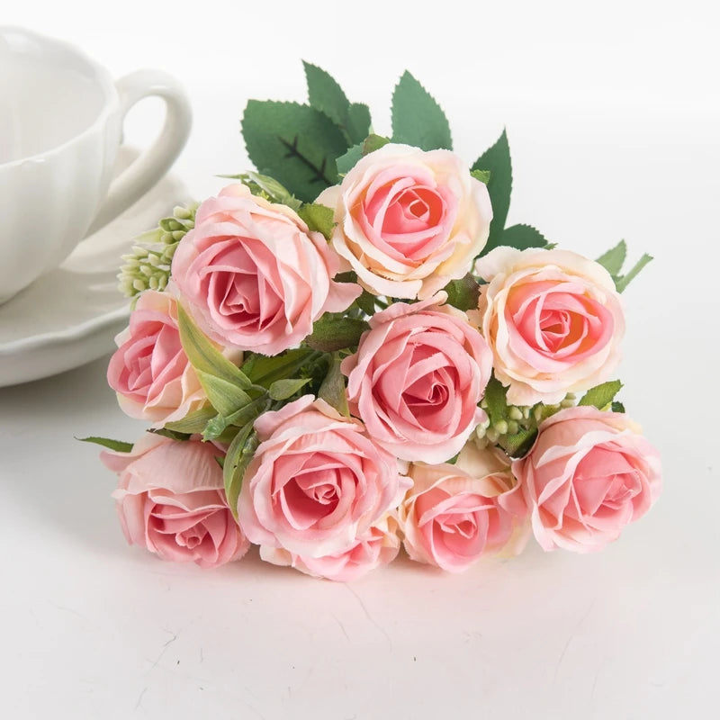 10 Heads Artificial Flowers Scrapbooking Silk Roses Christmas Wedding Party Bouquet Household Products Vases for Home Decoration