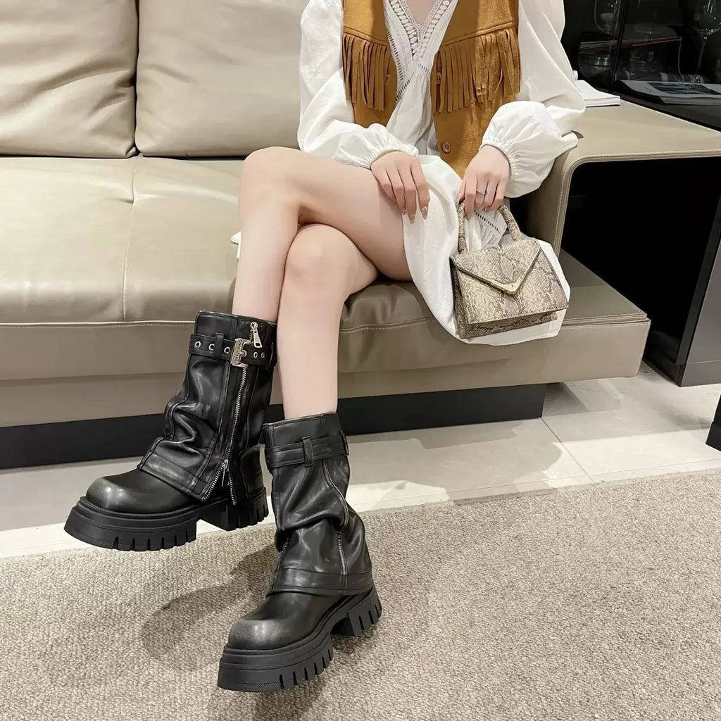 Winter Women Biker Boots Fashion Belt Buckle Ladies Elegant Platform Long Pipe Booties Casual Women's Knee High Booties2024