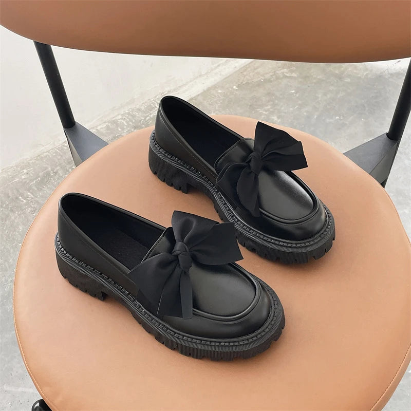 Women Flat Shoes Bow Leather Shoes Ladies 2024 New Autumn Thick Heel Loafers Woman Fashion Comfortable Work Shoes Zapatos