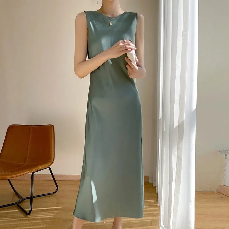 Woman's Long Dress Off Shoulder High Waist Silk Satin A-line Midi Dress O-neck Sleeveless Evening Dresses Robe Femme Sundress