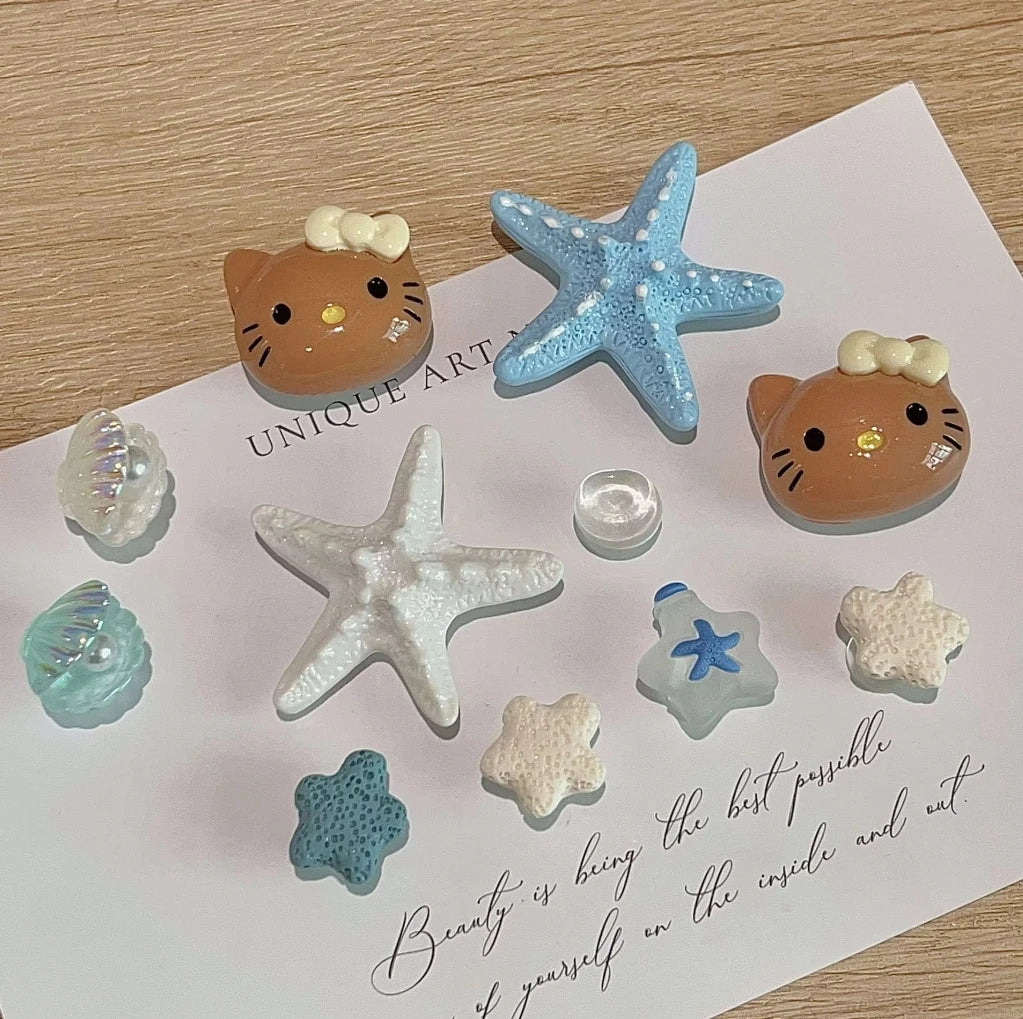 Summer Blue Ocean Theme Beach-Browned Hello Kitty Shoe Charms Starfish Sandal & Clog Decorations Holiday Gift for Women Girls