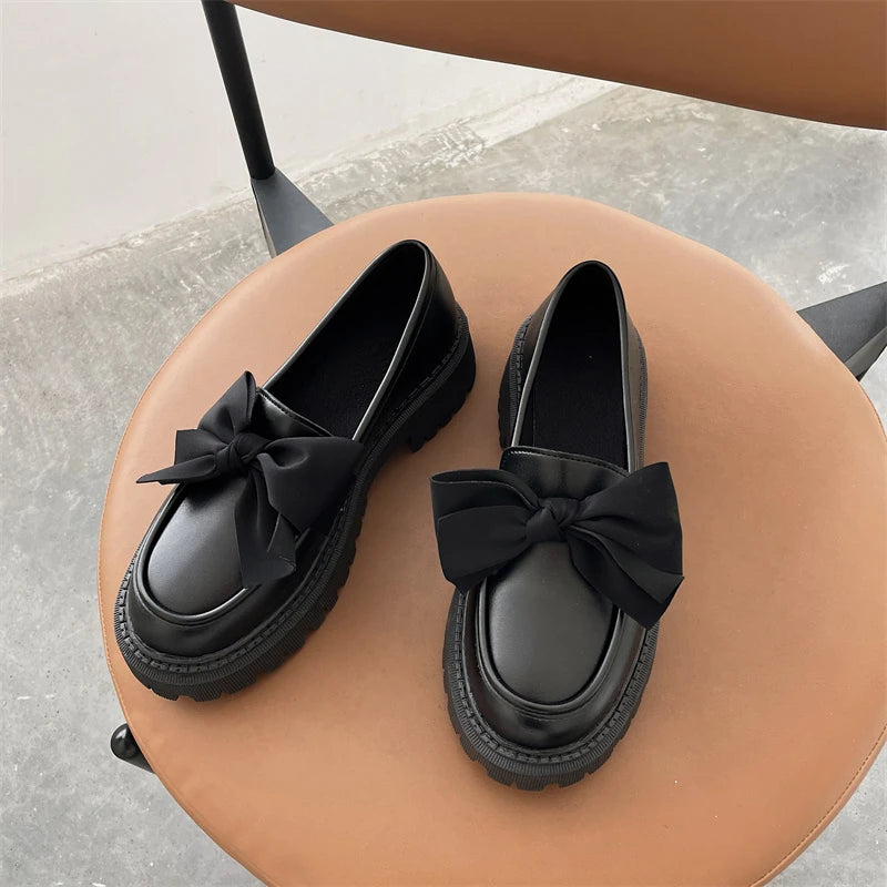 Women Flat Shoes Bow Leather Shoes Ladies 2024 New Autumn Thick Heel Loafers Woman Fashion Comfortable Work Shoes Zapatos