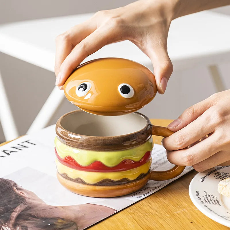 300ML Coffee Mugs Creative Hamburger Shaped Water Cup with Lid Cute and Cute Breakfast Cup Large Capacity Ceramic Hamburger Mug