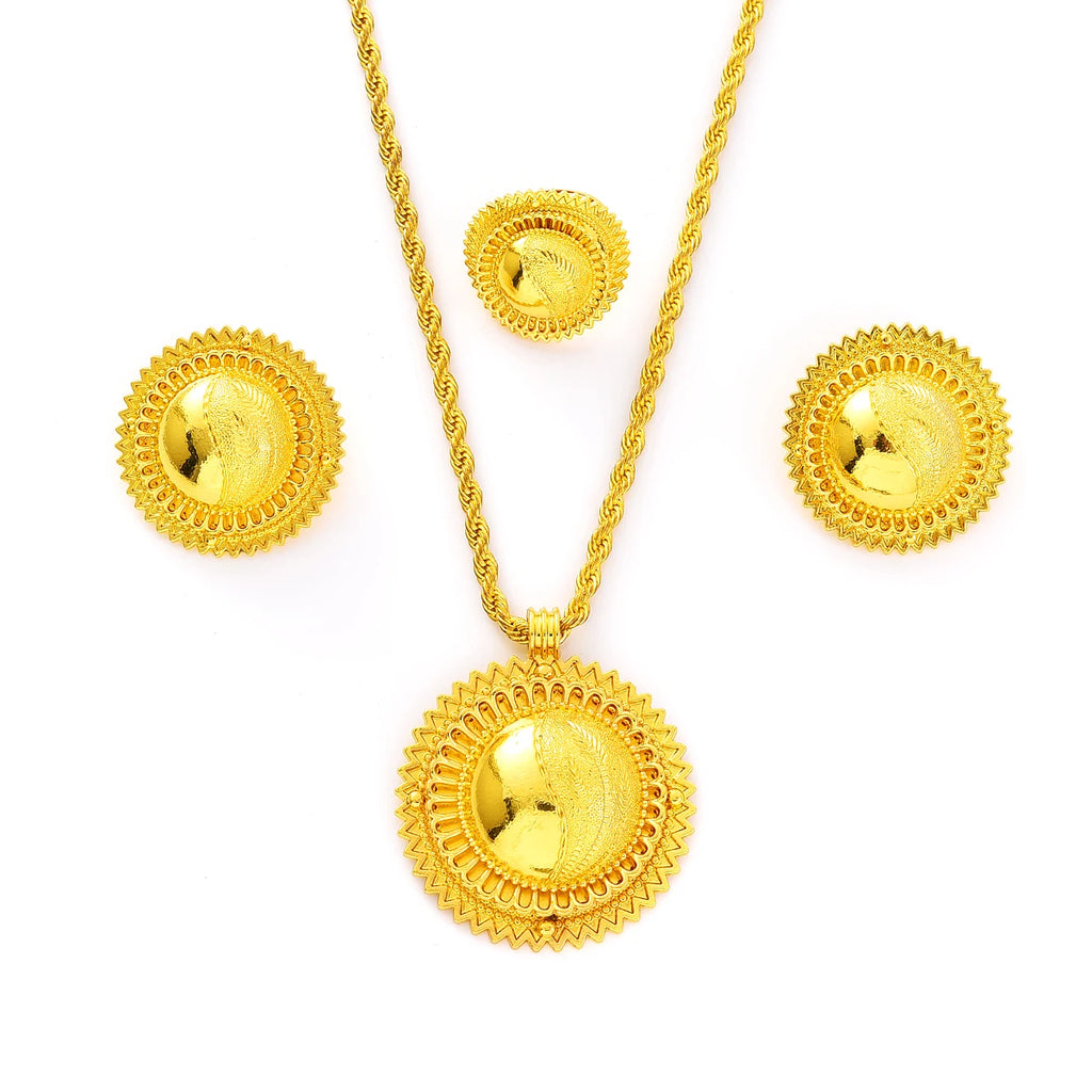 Eritrean Ethnic Style Jewelry Set Gold Color Necklace Pendant Ring Earring Ethiopian Bride Traditional Wedding Jewelry Gift #082