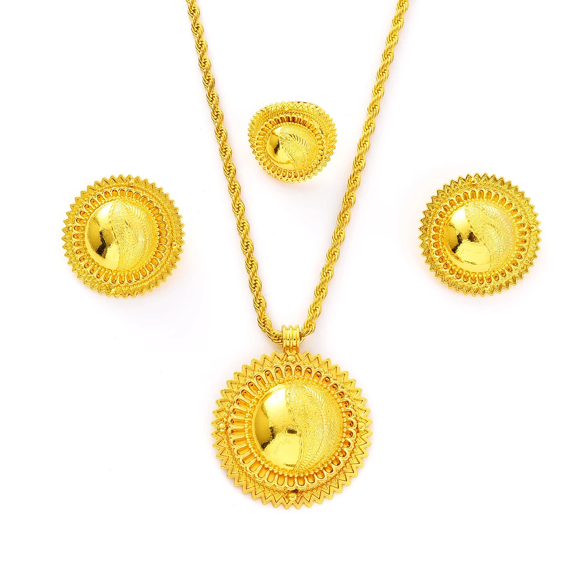 Eritrean Ethnic Style Jewelry Set Gold Color Necklace Pendant Ring Earring Ethiopian Bride Traditional Wedding Jewelry Gift #082