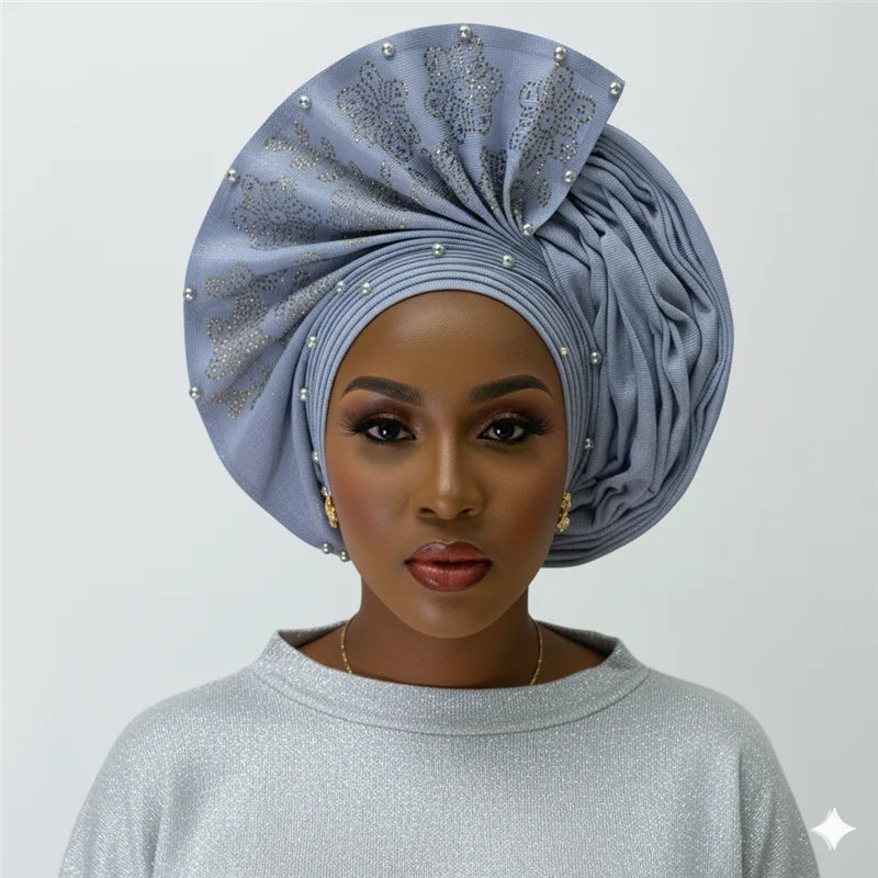 Nigerian gel headgear, with stone bead, already made auto, turban, afro aso ebi gel aso oke, wide brim headgear 7L111802