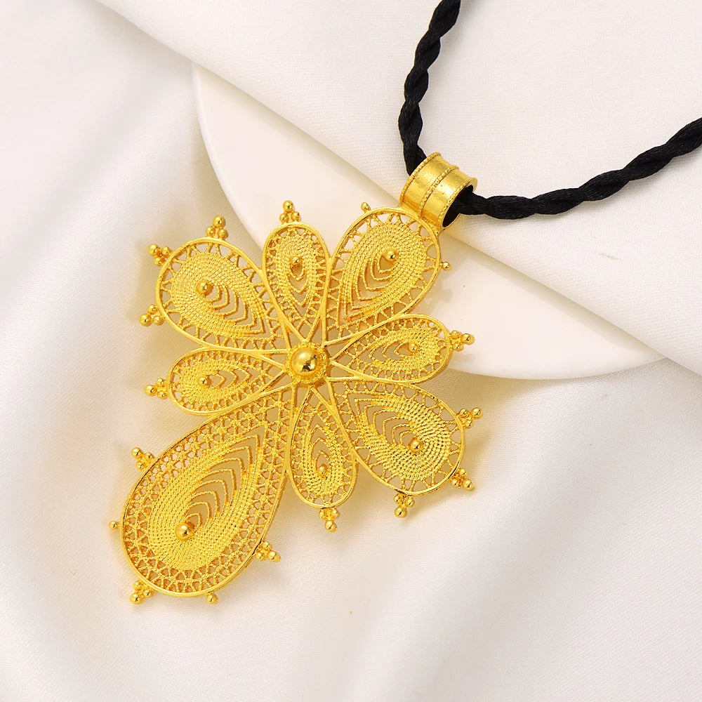 Ethiopian Gold Color Cross Jewelry  Necklace Ring Earrings  Golden Plated Eritrea Sets Women's  Wedding Party Gift