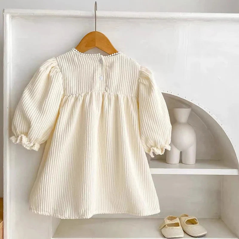 Kids Outfits Autumn Baby Girl Corduroy Princess Dress Embroidered Flowers Puff Sleeve Dress Children Retro Casual Loose Dresses