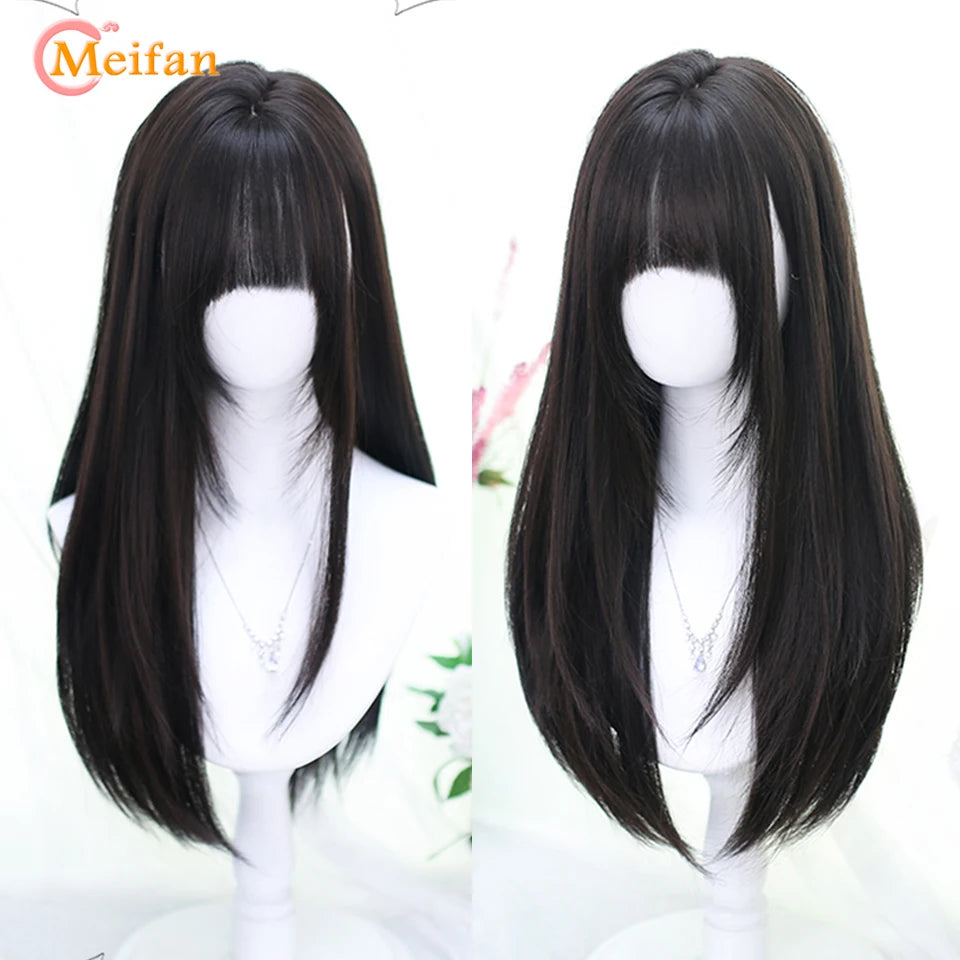 MEIFAN Synthetic Long Straight Lolita Wig with Bang Red Ombre Black Cosplay Party Halloween Christmas Wavy Curly Harajuku Wig