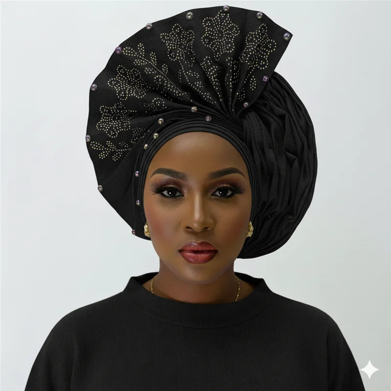 Nigerian gel headgear, with stone bead, already made auto, turban, afro aso ebi gel aso oke, wide brim headgear 7L111802
