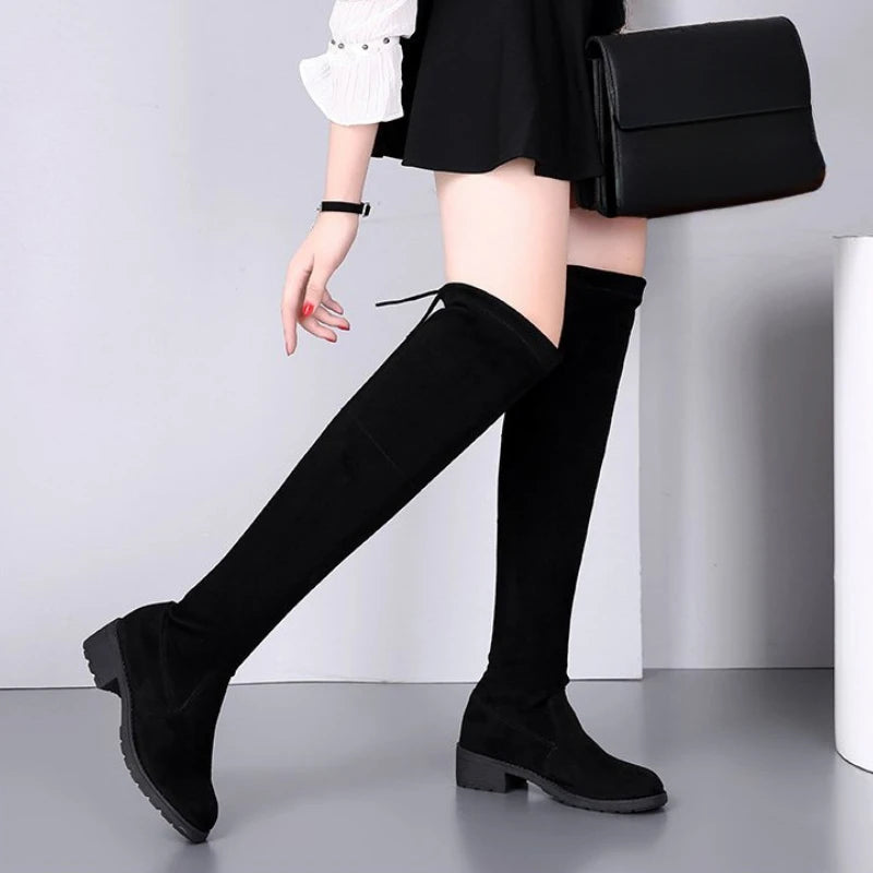 Fashion Women's Boots Black Over The Knee Boots Warm Suede Round Toe Boot Comfortable High Heels Slip on Platform shoes Botas
