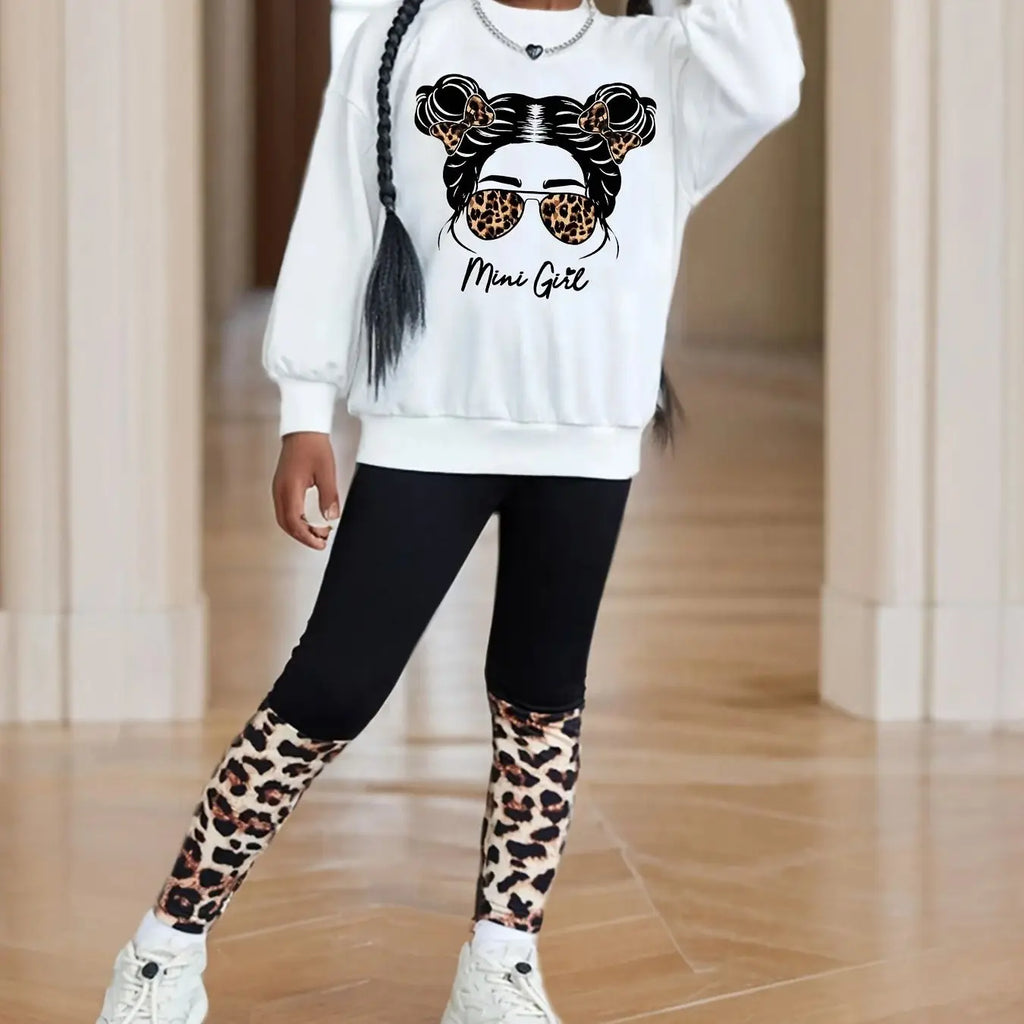 Girls' Autumn Outfit: Printed Round Neck Long-Sleeve Sweatshirt & Tight-Fitting 9-Point Pants, Fashionable Home Casual Versatile Two-Piece Set