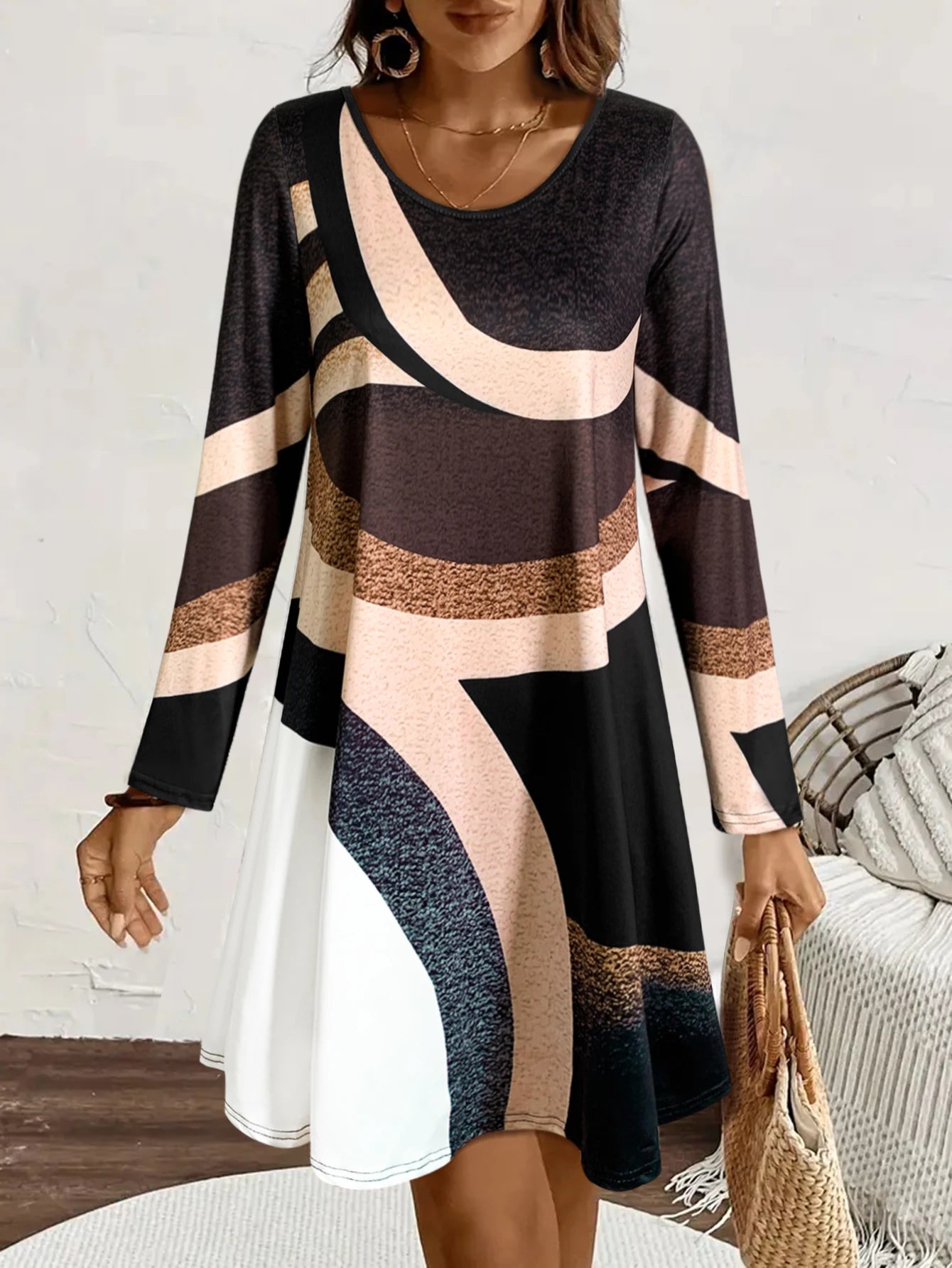 Women's Long - Sleeve Round - Neck Dress, Geometric Color Block, Casual Fall & Daily Wear，women fashion fall outfit