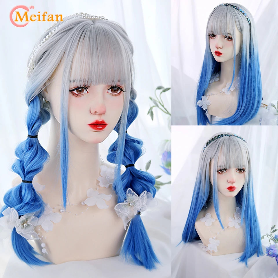 MEIFAN Synthetic Long Straight Lolita Wig with Bang Red Ombre Black Cosplay Party Halloween Christmas Wavy Curly Harajuku Wig