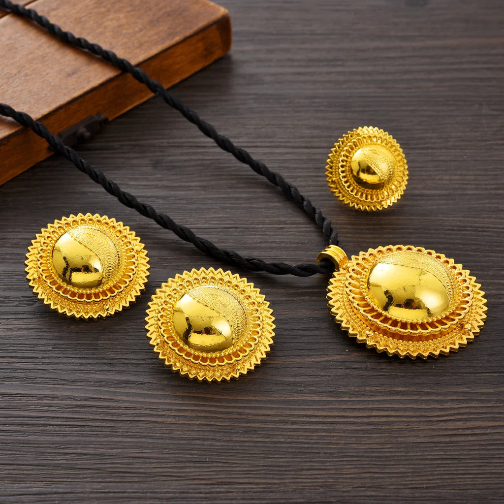 Eritrean Ethnic Style Jewelry Set Gold Color Necklace Pendant Ring Earring Ethiopian Bride Traditional Wedding Jewelry Gift #082