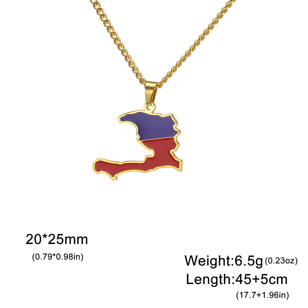 Haiti Map Color of the Haitian Flag Creative Design Pendant Necklace Women Men Stainless Steel Chain Jewelry Birthday Gift