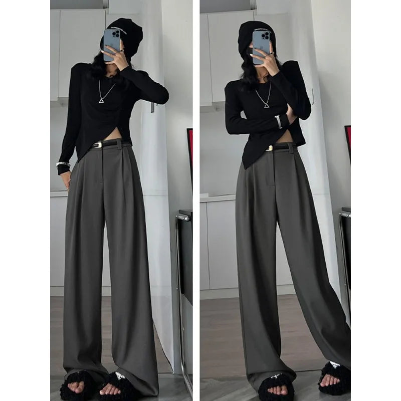 2024 Fall Winter Elegant Gray Suits Pants for Women Office Lady High Waist Wide Leg Fashion Trousers with Pockets Black Pants