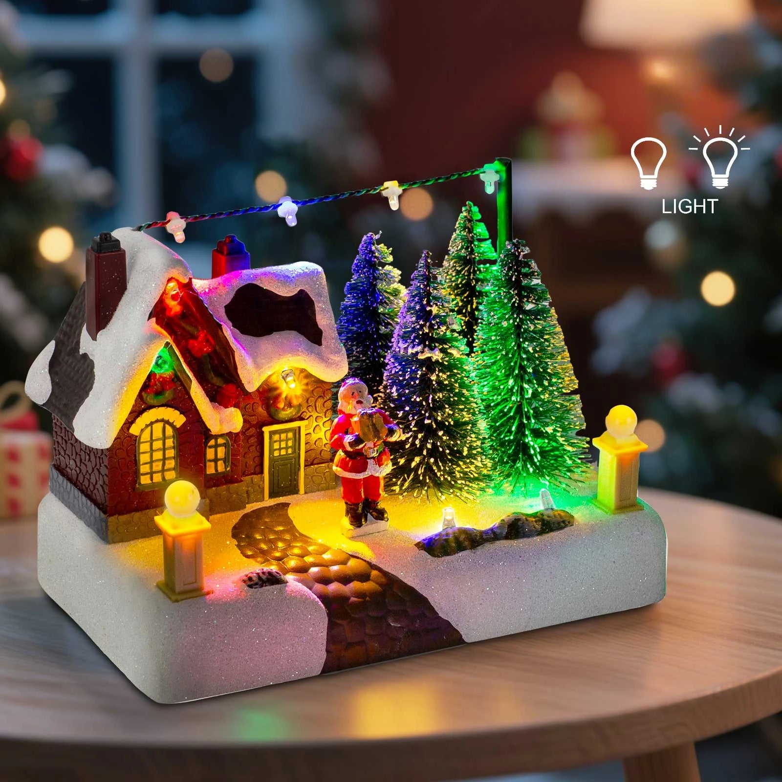 Christmas Village Scene Collectible Building with Lights Trees Santa Claus Snow Town Landscape Decor Holiday Home Desk Fireplace