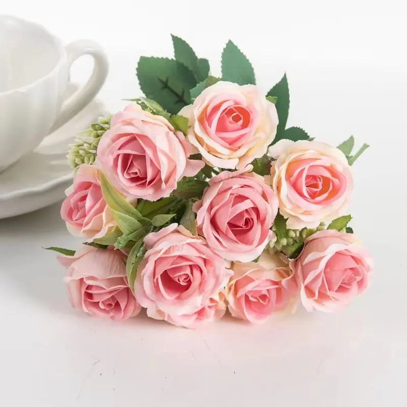 10 Heads Artificial Flowers Scrapbooking Silk Roses Christmas Wedding Party Bouquet Household Products Vases for Home Decoration