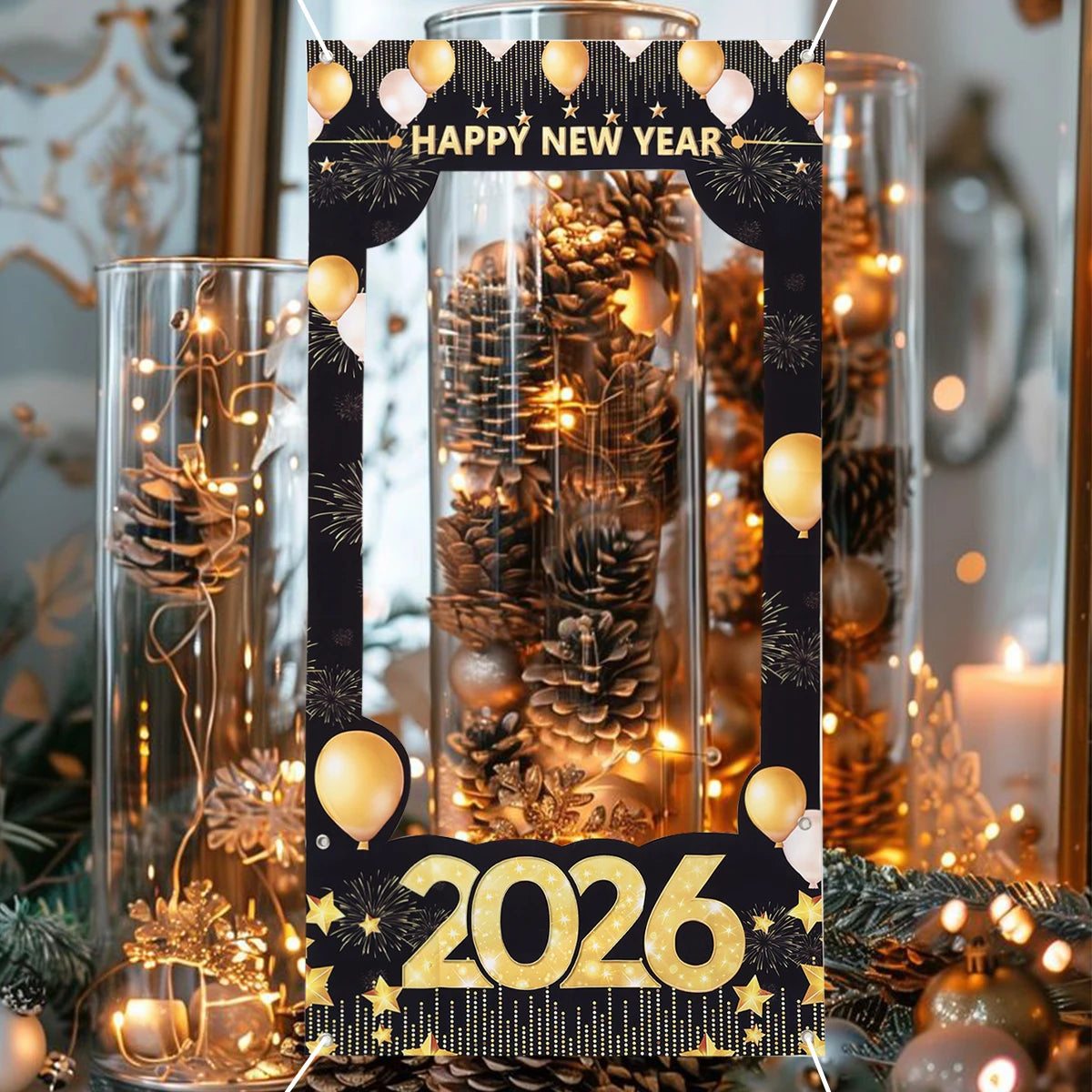 2026 Happy New Year Photo Frame Photo Booth Props Firework Shiny New Year Background Prop Golden Balloon Photography Backdrop