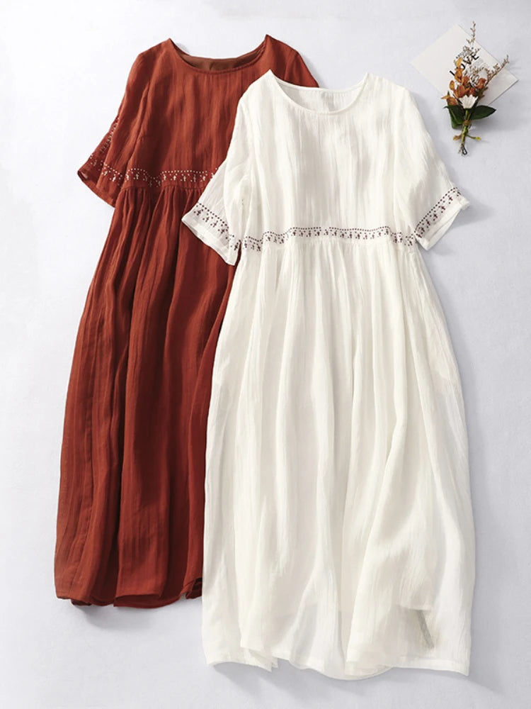Summer New Dresses for Women LOOSE Embroidery Vintage Dress Streetwear Long Dresses Women Clothing Robe O-Neck White Dress