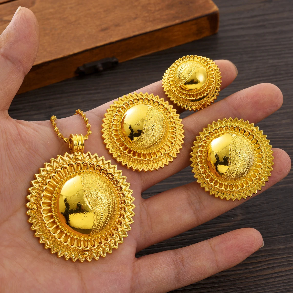 Eritrean Ethnic Style Jewelry Set Gold Color Necklace Pendant Ring Earring Ethiopian Bride Traditional Wedding Jewelry Gift #082