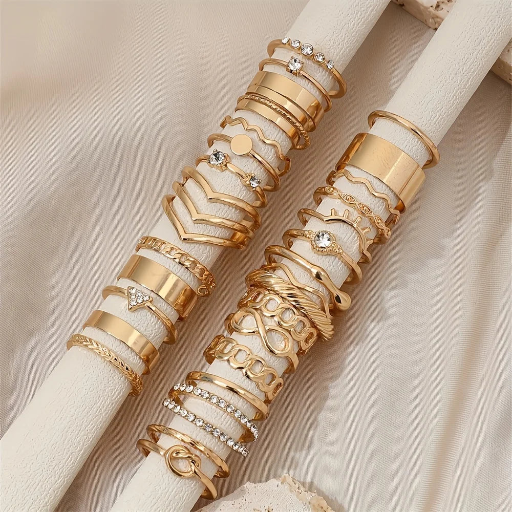 30pcs/set Elegant Stackable Rings Set With Shiny Rhinestone Inlaid, Fashion Infinity Knot Design, Vacation Style Perfect Stylish