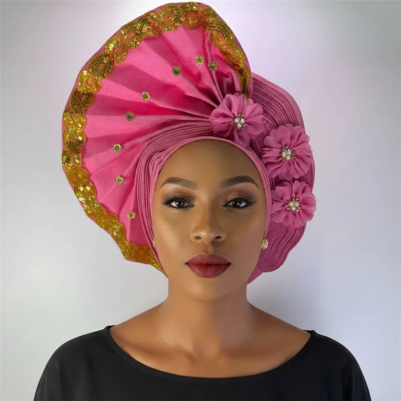 Nigerian gel headgear, with stone bead, already made auto, turban, afro aso ebi gel aso oke, wide brim headgear 7L111802