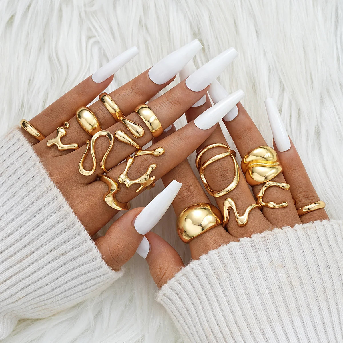 14 Piece Simple Luxury Ring Set for Women Fashion Smooth Wide Face Irregular Geometric Rings Daily Party Wear Jewelry Gifts New