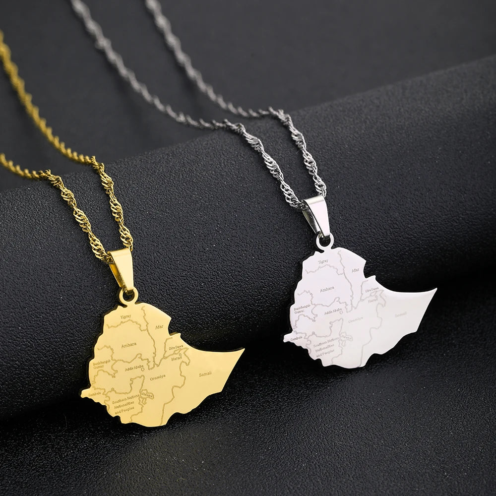 Fashion Ethiopia Map With City Name Pendant Necklaces Women Girls Stainless Steel Ethiopians Birthday Party Jewelry Gifts