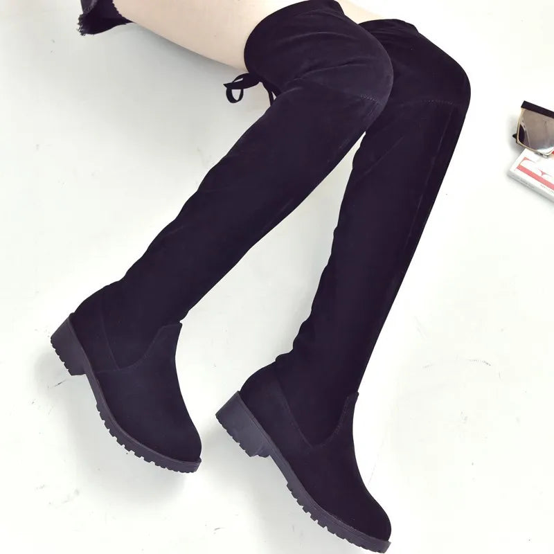 Fashion Women's Boots Black Over The Knee Boots Warm Suede Round Toe Boot Comfortable High Heels Slip on Platform shoes Botas