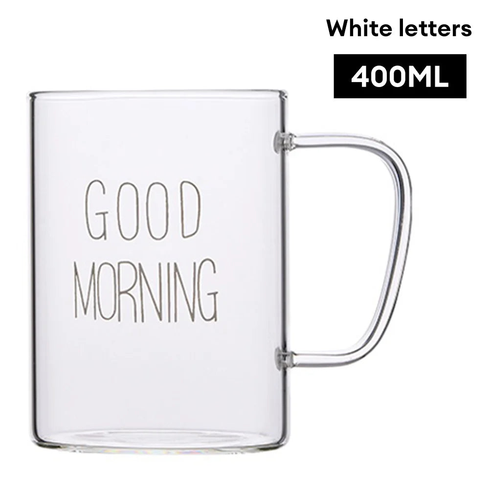 Good Morning Glass Mug Coffee Milk Breakfast Cup Tumbler with Handle Transparent Drinkware Household Gift for Children Set