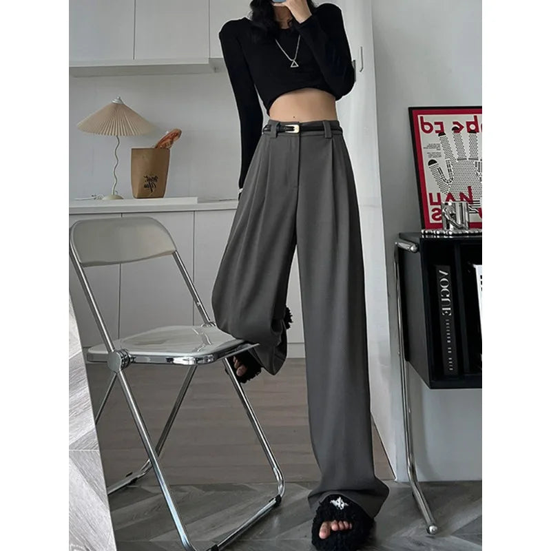 2024 Fall Winter Elegant Gray Suits Pants for Women Office Lady High Waist Wide Leg Fashion Trousers with Pockets Black Pants