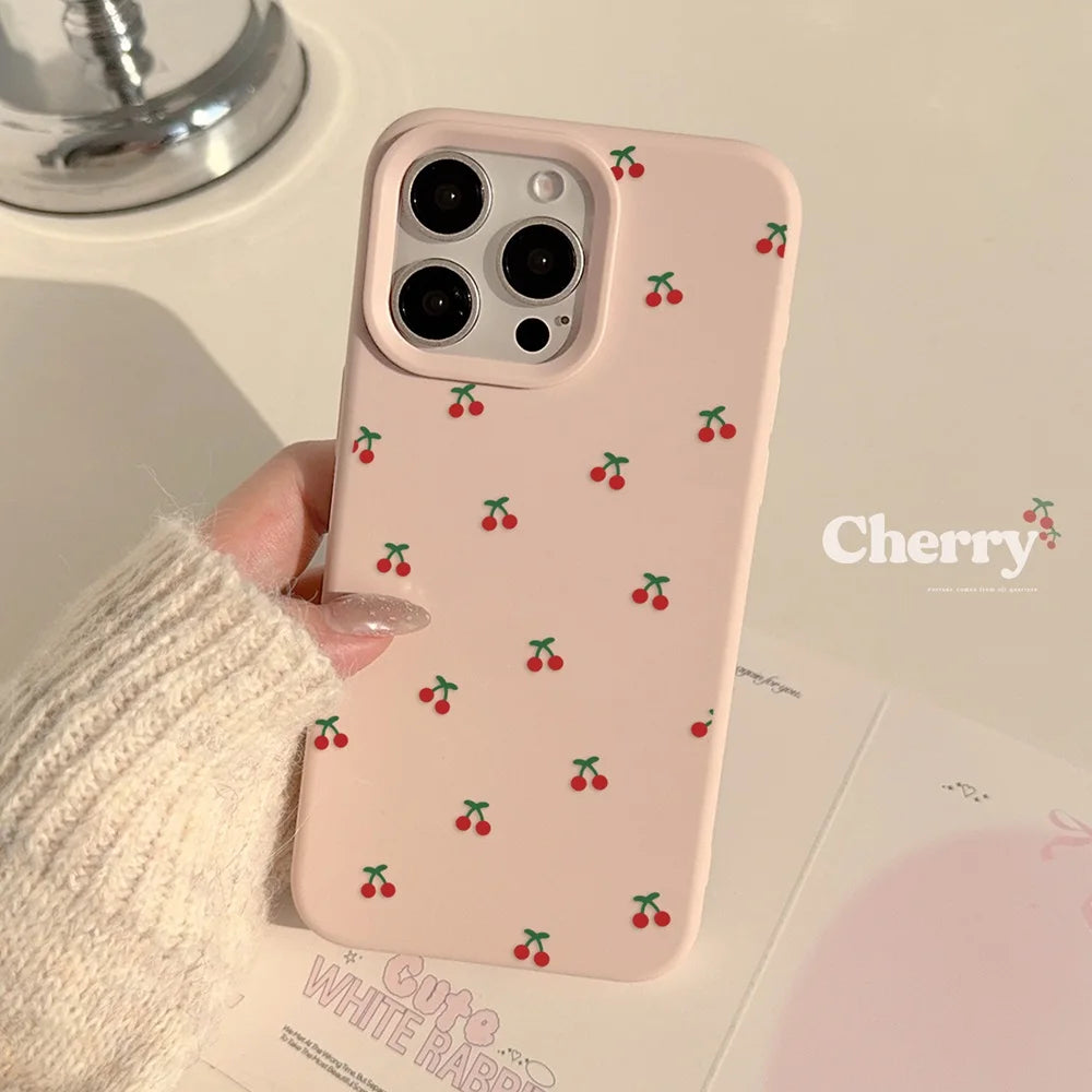 Cute Cartoon Cherry Pattern Phone Case For iPhone 17 16 15 14 13 12 11 Pro Max Plus Silicone Shockproof Cases Cover