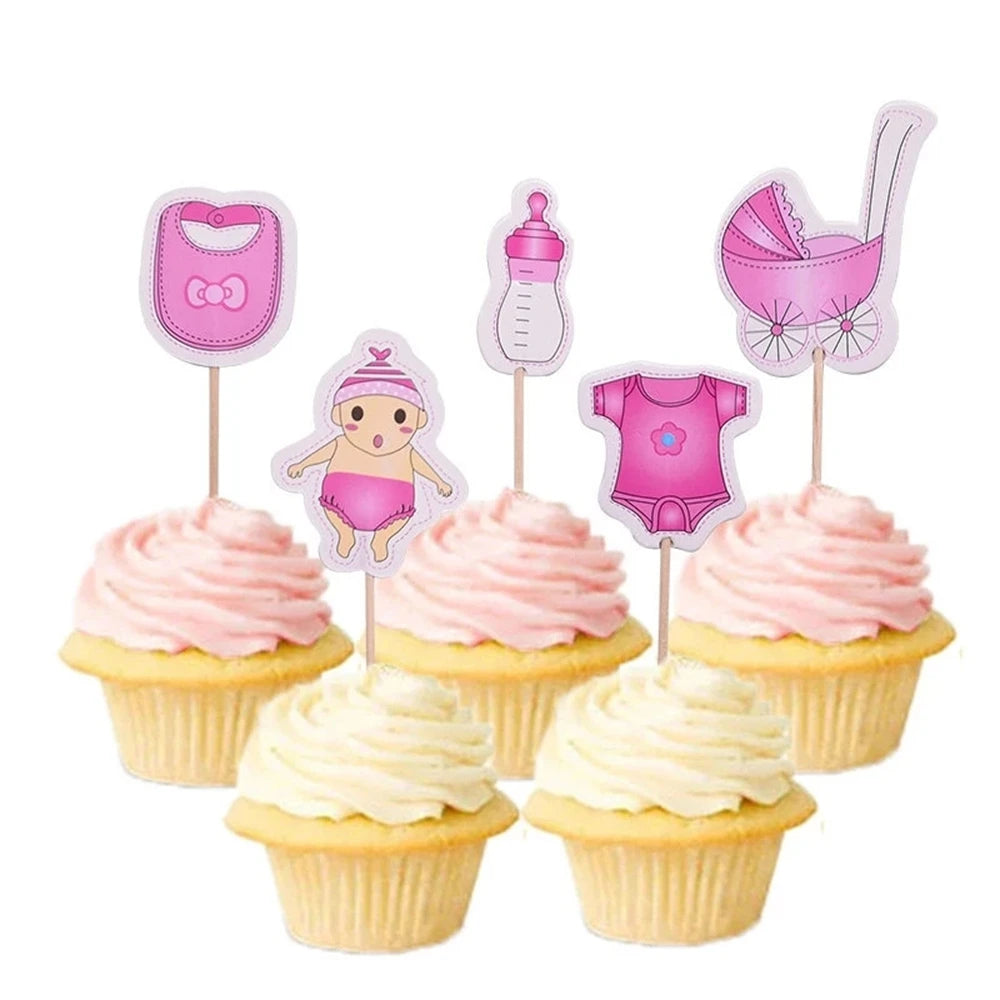 24pcs/lot Baby Shower Decorate Birthday Party Kids Favors Baby Clothes Carriage Bottle Boy Girl Cupcake Cake Toppers With Sticks
