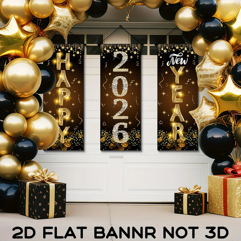 2026 New Year Decorations Happy New Year Banner Black Gold New Year Door Cover Hanging Decorations for 2025 New Years Eve Party