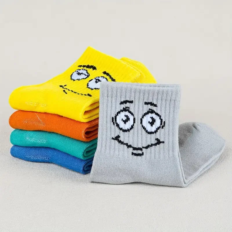 5 pairs of colorful children's socks with cute emoticons