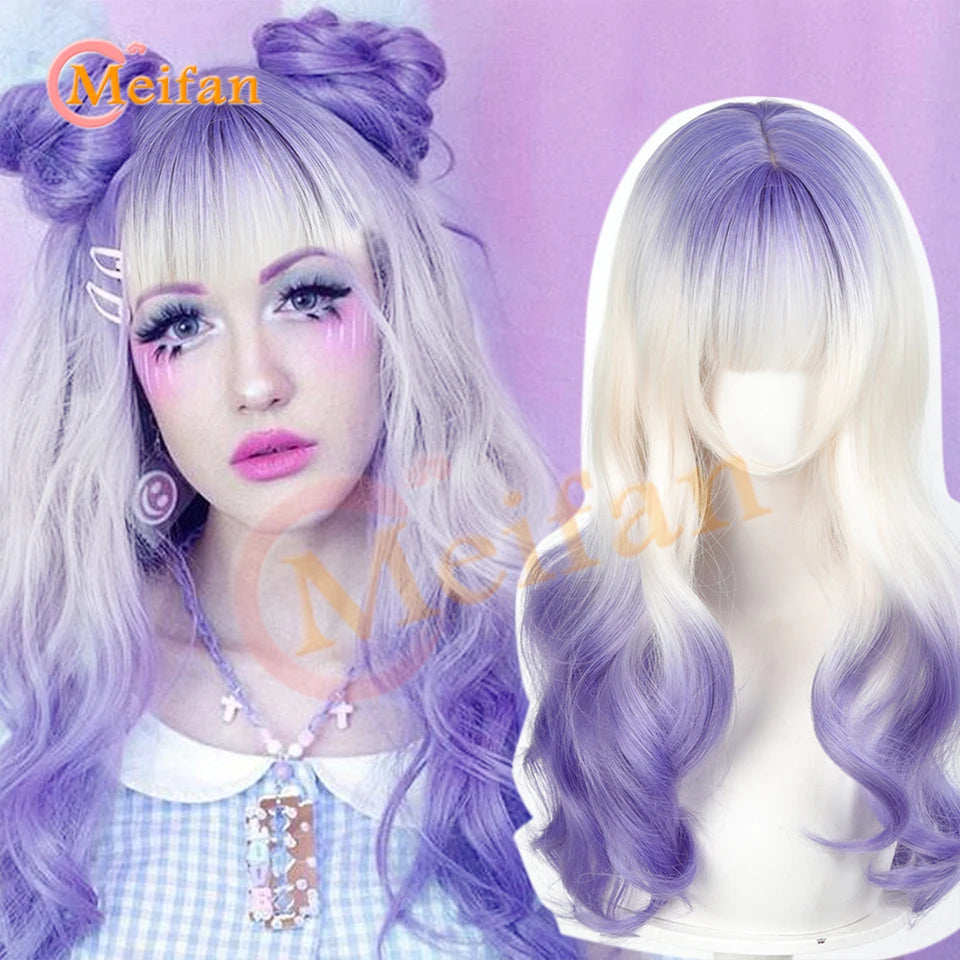 MEIFAN Synthetic Long Straight Lolita Wig with Bang Red Ombre Black Cosplay Party Halloween Christmas Wavy Curly Harajuku Wig