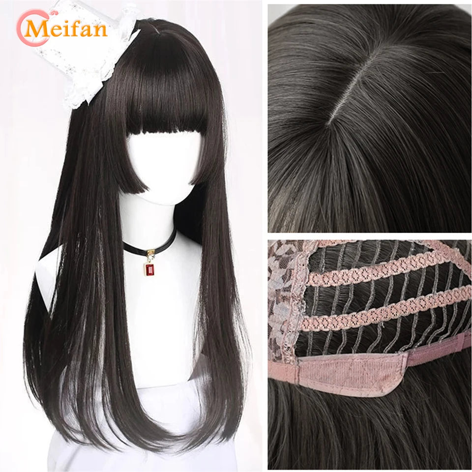 MEIFAN Synthetic Long Straight Lolita Wig with Bang Red Ombre Black Cosplay Party Halloween Christmas Wavy Curly Harajuku Wig