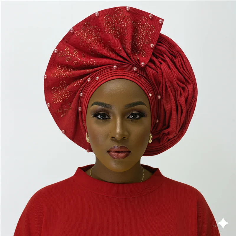 Nigerian gel headgear, with stone bead, already made auto, turban, afro aso ebi gel aso oke, wide brim headgear 7L111802