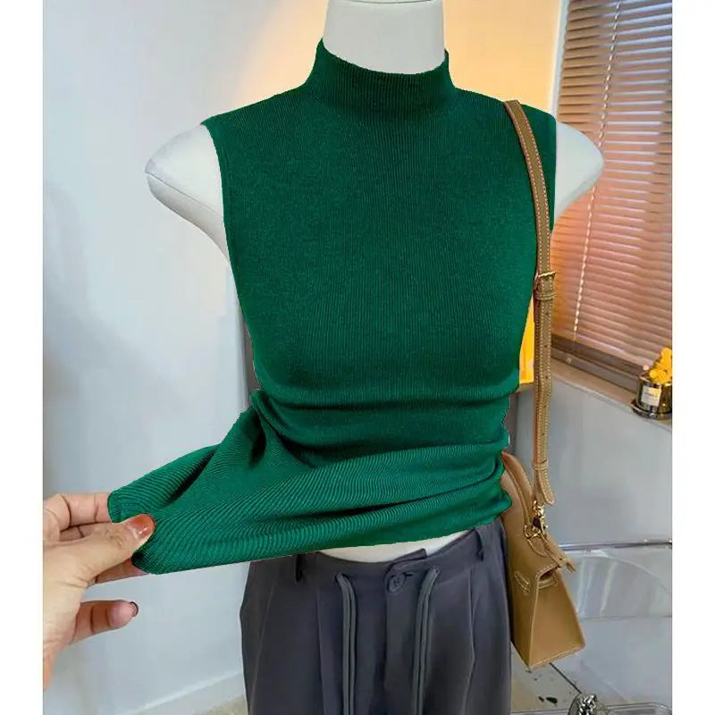Sweater Vests Women Simple Half High Collar Fashion Autumn Basic Slim Sleeveless Sweaters All-match Ulzzang Leisure Knitting Ins